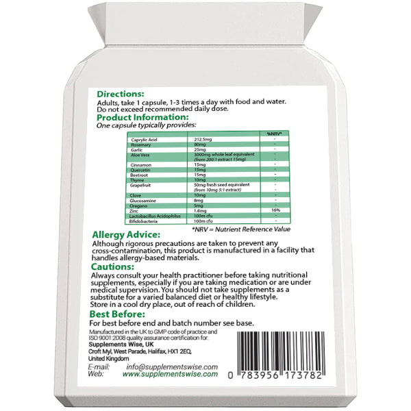 Supplement facts and directions for Candida Support Capsules, including ingredients and allergy advice.