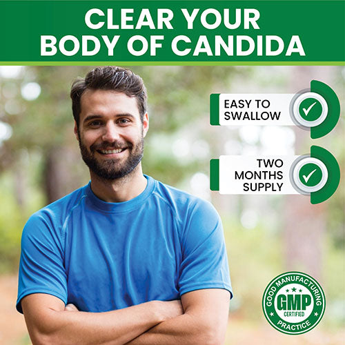 Man smiling in a blue shirt promoting Candida support capsules, highlighting ease of swallowing and two months' supply.