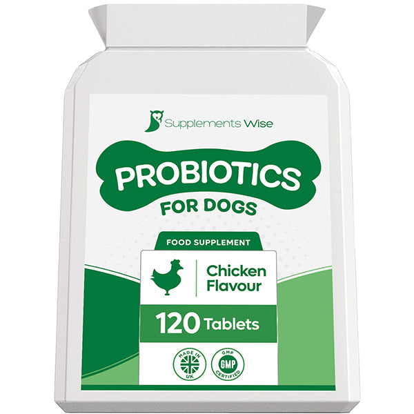 Probiotics for Dogs with chicken flavour, 120 tablets, manufactured in the UK, letterbox friendly packaging.