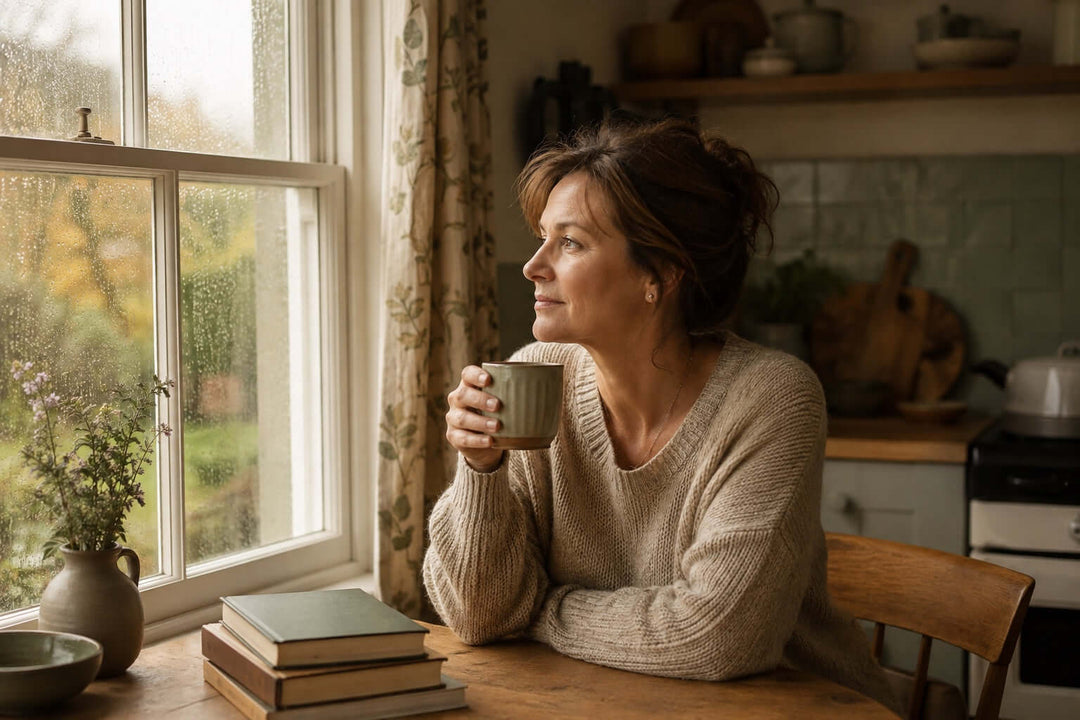 A woman in her forties sits by a rain-flecked British kitchen window with a mug of tea, illustrating a UK evidence-based timeline for how long vitamin D takes to work.