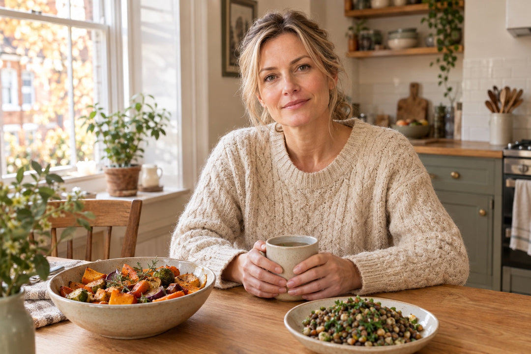 A British woman in her mid-40s sits calmly at a bright oak kitchen table with a plain mug of herbal tea and a bowl of roasted autumn vegetables beside her, illustrating a UK guide to activated charcoal for bloating and gas.