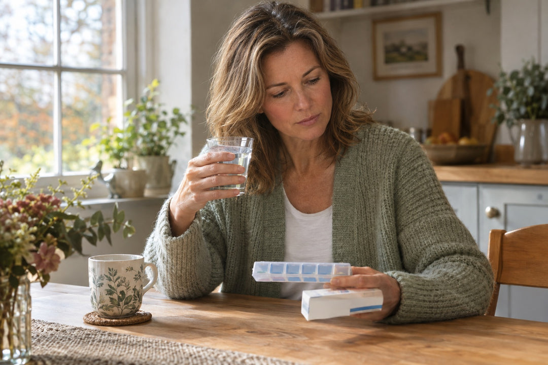 A British woman reads a prescription label at her kitchen table while holding a weekly pill organiser, illustrating a UK guide to activated charcoal side effects and the 3-hour drug rule.