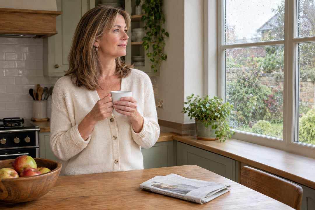 A calm woman in her late 40s at a UK kitchen island with a cup of tea in soft morning light, illustrating a UK guide to aloe vera capsule side effects and the aloin rule
