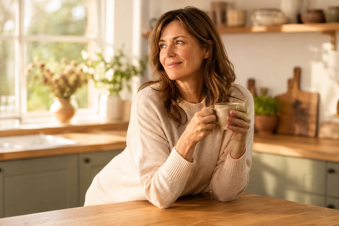A woman in a British kitchen holding a cup of herbal tea, illustrating a UK guide to aloe vera capsules for reflux, IBS and everyday digestive comfort