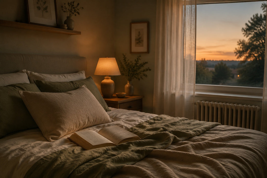 A quiet British bedroom at dusk with a linen pillow and open book by lamp light, illustrating a UK guide to ashwagandha for sleep.
