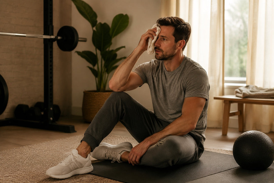 A man in his early thirties in a grey t-shirt resting on a padded mat after a workout in a bright British home gym, illustrating a UK guide to the best amino acid supplement for muscle recovery.