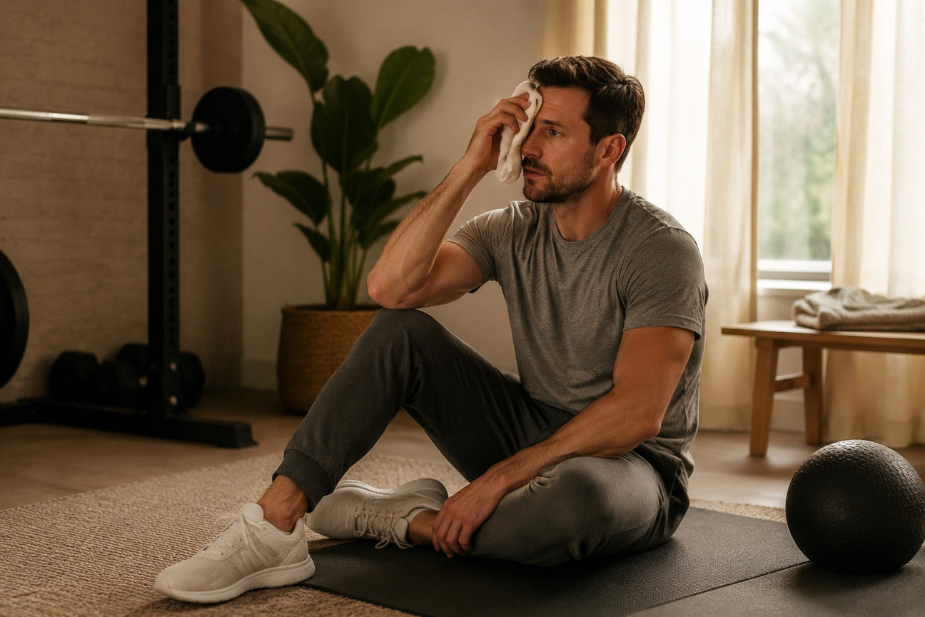 A man in his early thirties in a grey t-shirt resting on a padded mat after a workout in a bright British home gym, illustrating a UK guide to the best amino acid supplement for muscle recovery.