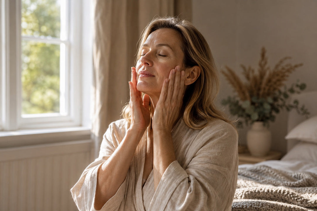 Woman in her late 40s in a cream linen robe touches her cheekbones in warm morning light, illustrating a UK guide to choosing the best collagen supplement for skin, joints, hair and nails.