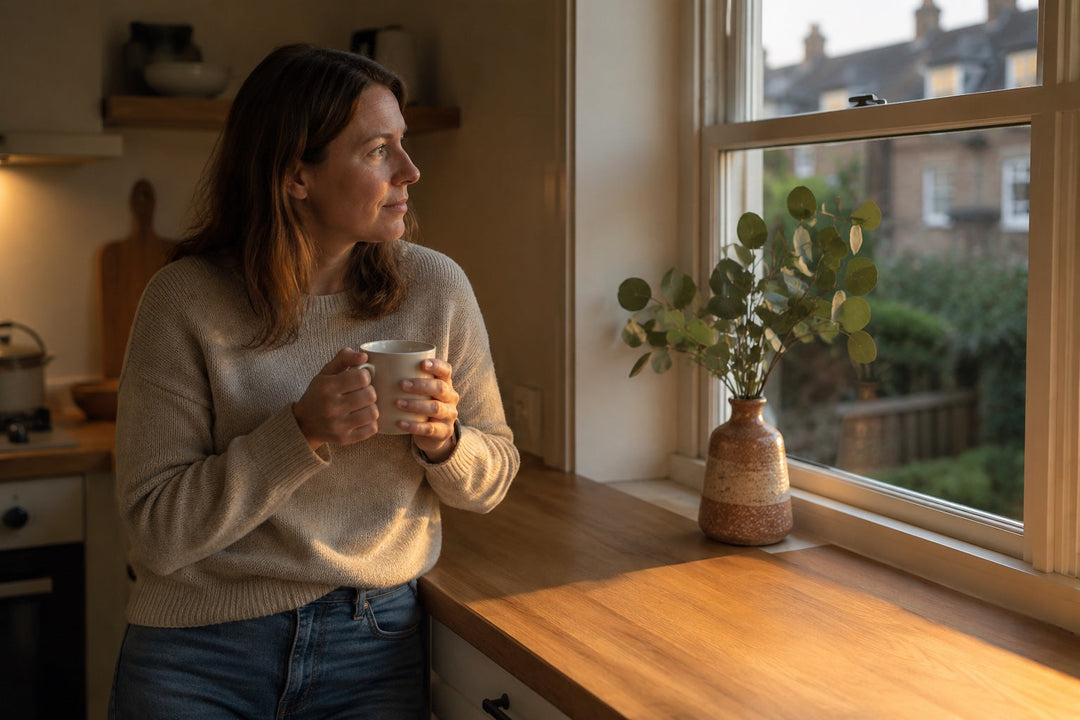 A woman in a soft oatmeal knit jumper leaning against her kitchen worktop with a mug of herbal tea in the calm early-evening light, illustrating a UK buyer's guide to choosing the best magnesium supplement.