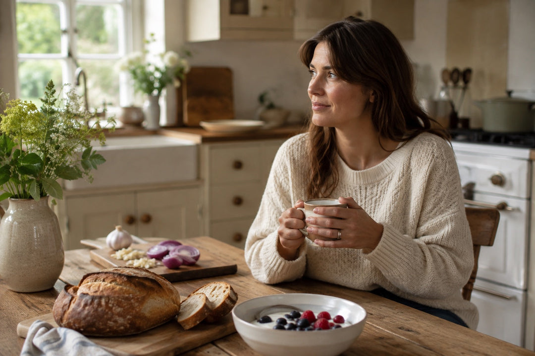 British kitchen morning scene with natural yoghurt, sourdough, garlic and red onion, illustrating a UK evidence guide to probiotics and gut health.