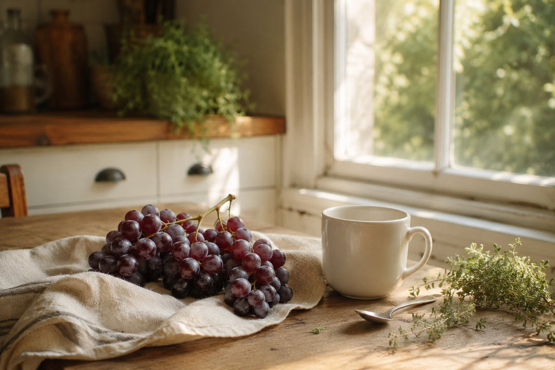 A small bunch of purple grapes on a wooden kitchen table beside a plain white mug in soft window light, illustrating a UK buyer's guide to the best trans-resveratrol supplement