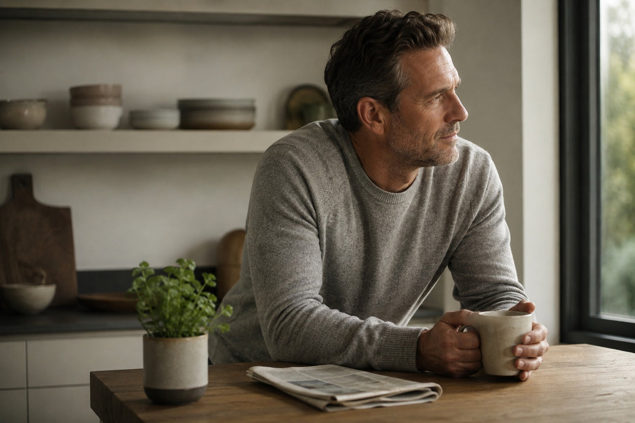 A man in his late 40s leans on a British kitchen counter with a warm mug in soft morning light, illustrating a UK buyer's guide to the best shilajit.