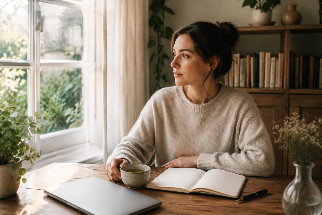 A calm woman in a soft cream jumper sitting at a sunlit wooden desk with a mug of green tea and an open notebook, illustrating a UK guide to the best supplements for focus and concentration.