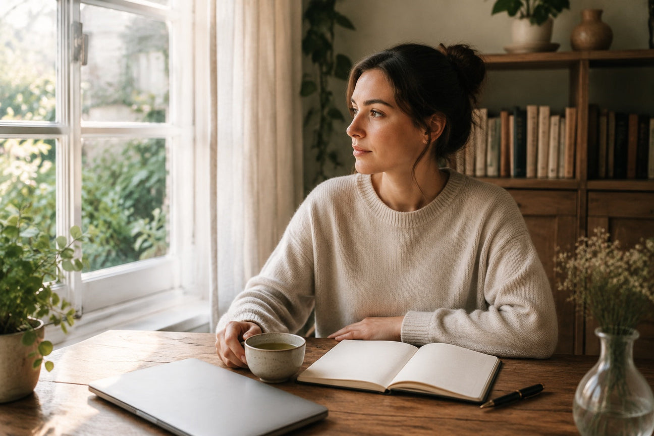 A calm woman in a soft cream jumper sitting at a sunlit wooden desk with a mug of green tea and an open notebook, illustrating a UK guide to the best supplements for focus and concentration.