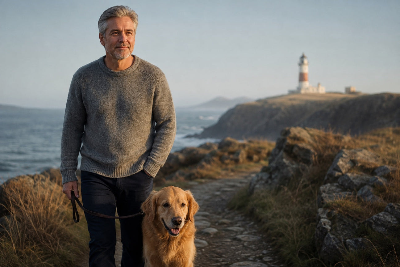 A composed British man in his mid-fifties walking his golden retriever along a stony coastal path at first light, illustrating a UK evidence guide to the best supplements for men over 50.
