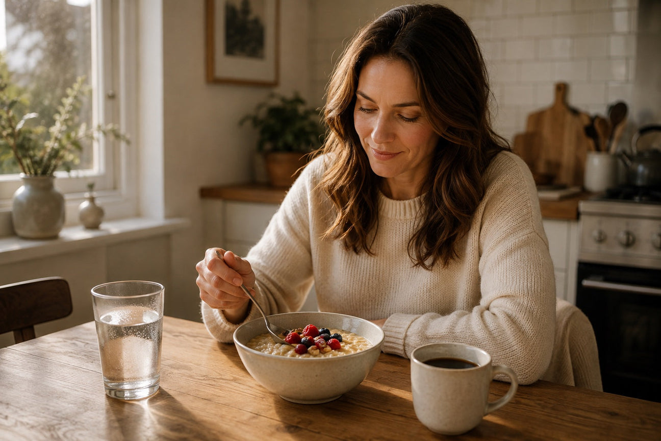 A woman in her mid-30s at a warmly lit British breakfast table with porridge, water and coffee, illustrating a UK guide to the best time to take shilajit.