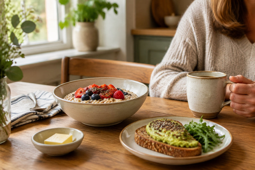 A warm British kitchen breakfast scene with porridge, butter, coffee and avocado toast, illustrating pairing turmeric with a fat-containing morning meal.