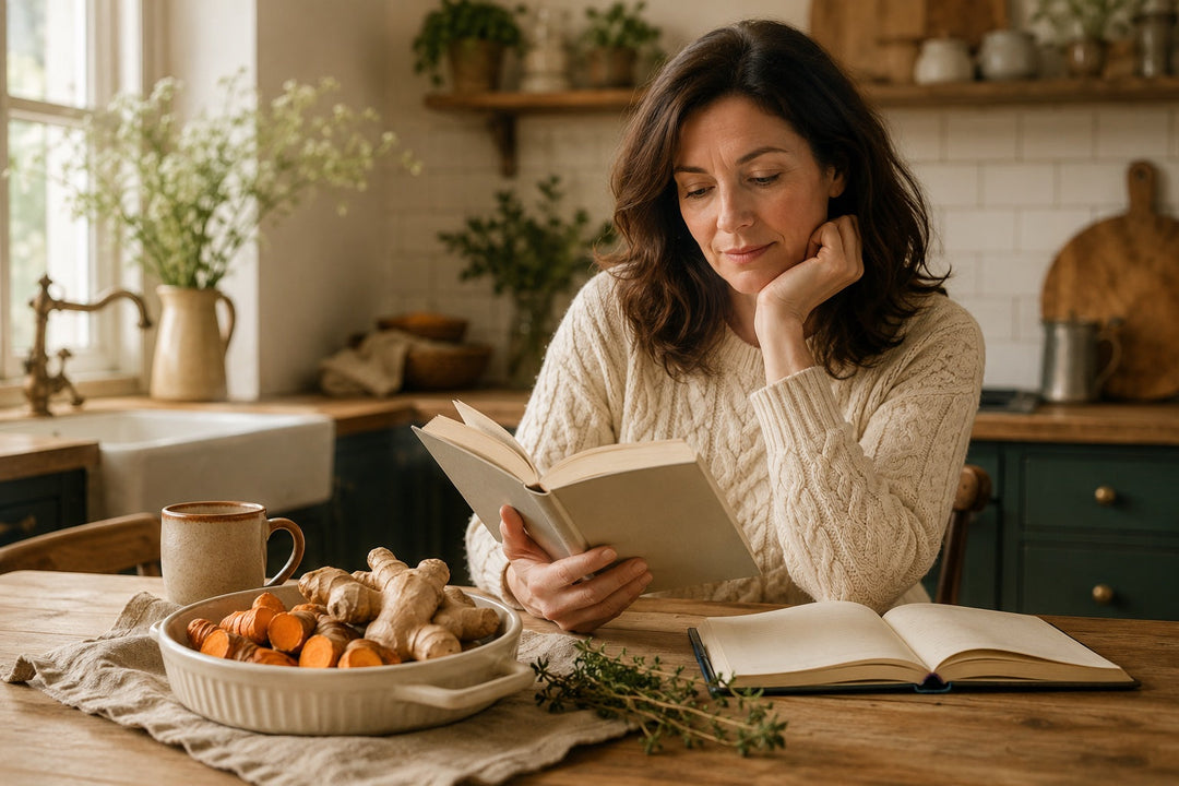 A woman in a cream jumper sits at a wooden kitchen table with tea, notebook and a dish of fresh turmeric and ginger root, illustrating a UK buyer's guide to choosing a turmeric supplement.