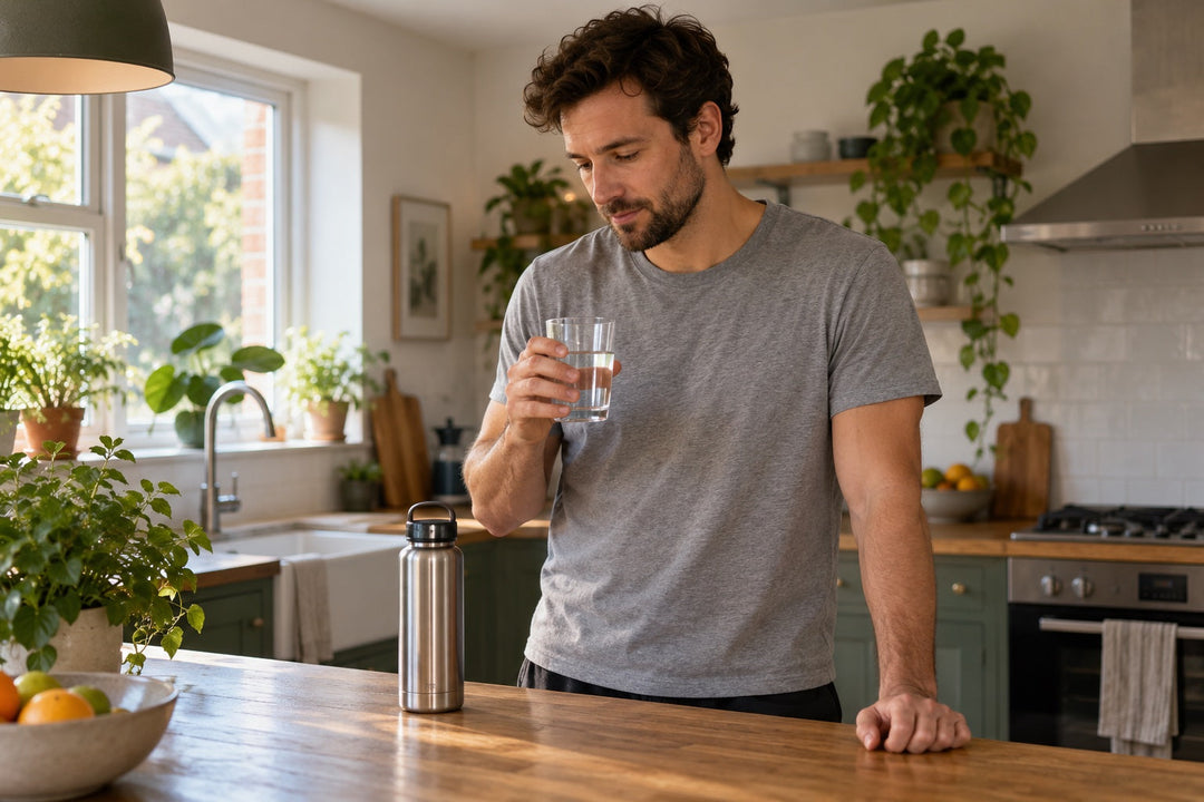 A person in a soft grey t-shirt stands at a wooden kitchen island in a bright UK home holding a glass of water, illustrating a UK guide to daily creatine dosing.