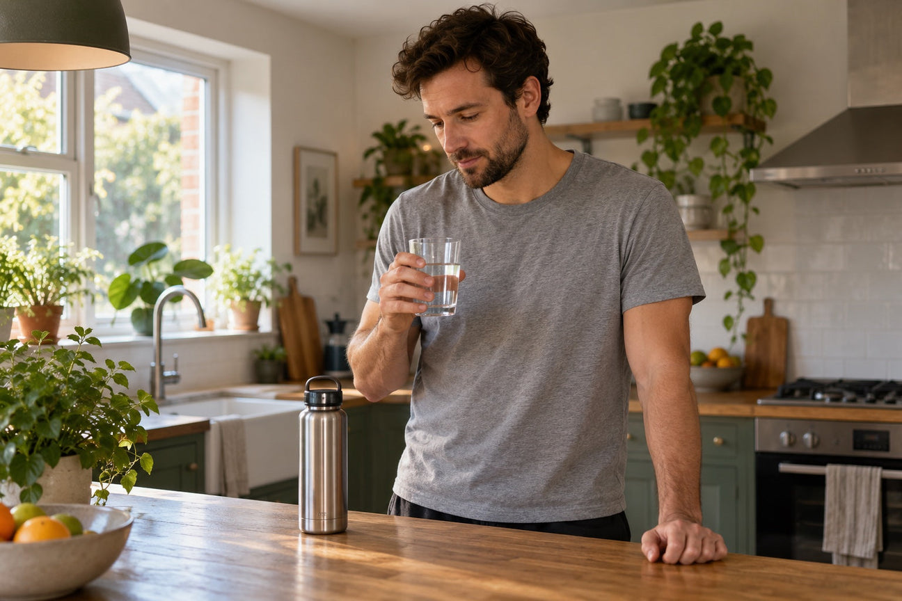 A person in a soft grey t-shirt stands at a wooden kitchen island in a bright UK home holding a glass of water, illustrating a UK guide to daily creatine dosing.