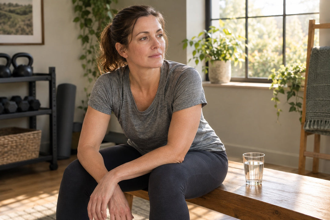 A woman in athletic wear rests on a bench in a calm British home gym after a workout, illustrating a UK guide to what the trial evidence actually says about creatine side effects.