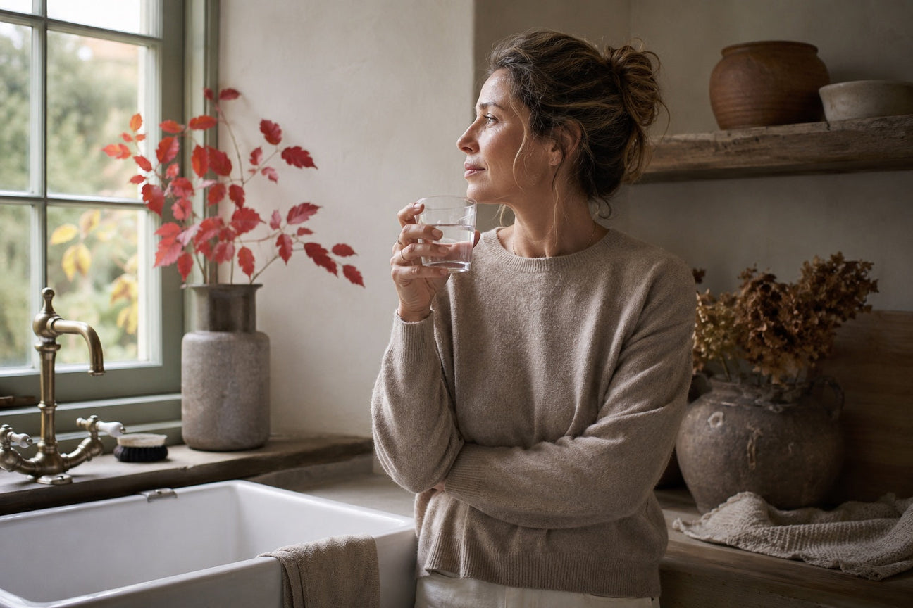 A woman in her 30s stands quietly by a Belfast kitchen sink holding a small glass of water in soft natural British morning light, illustrating a UK guide to whether cranberry actually prevents UTIs.