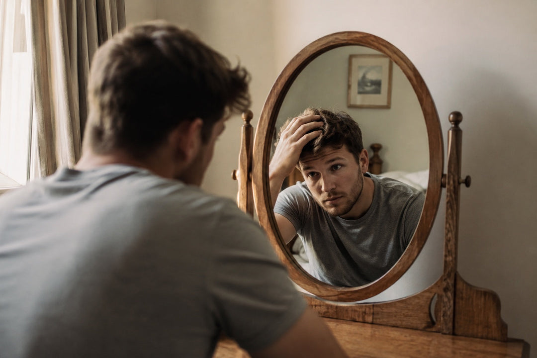 A man in his early 30s at a wooden dressing table checking his hairline in a small oval mirror in warm British afternoon light, illustrating a UK guide to whether creatine causes hair loss.