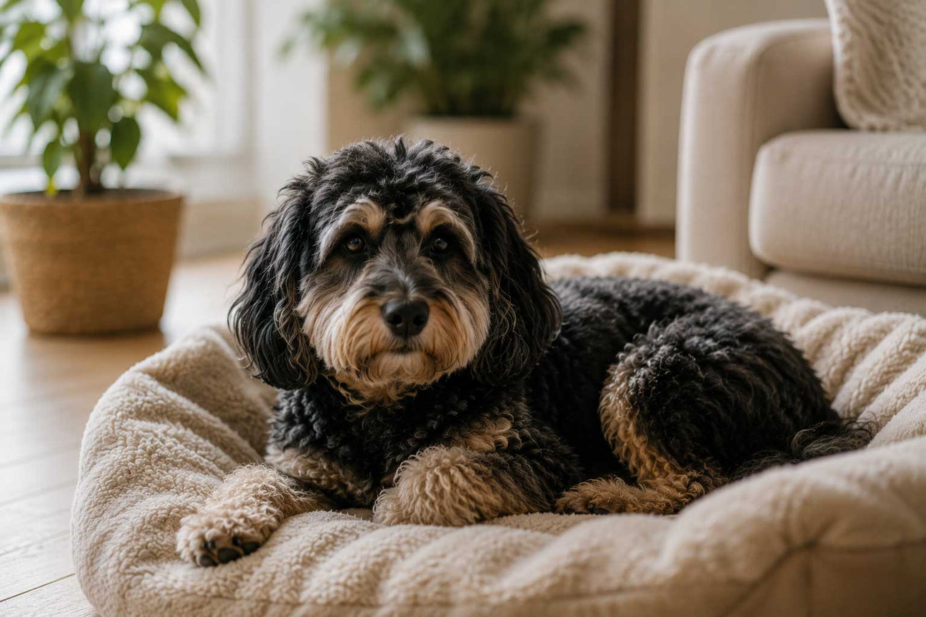 dog sitting on soft dog bed