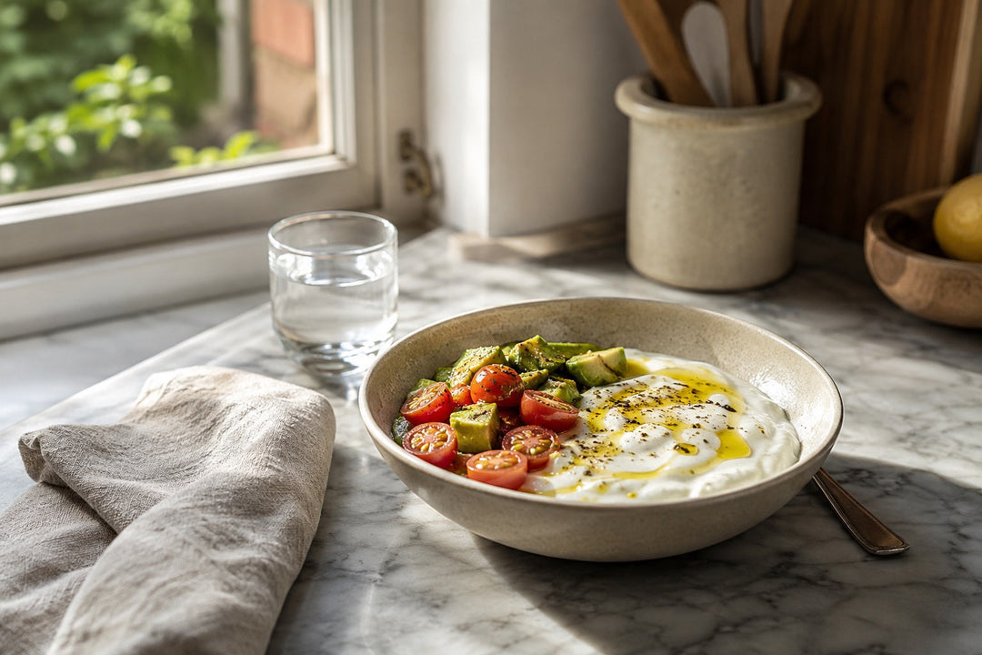 A bowl of full-fat yogurt with olive oil, tomato and avocado on a British kitchen worktop in warm morning light, illustrating a UK guide to when CoQ10 starts working with a fat-containing meal.