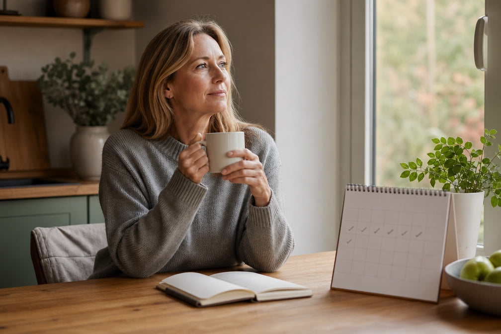 A woman in her mid-forties sits at a British kitchen table with a mug of tea and an open journal in warm morning light, illustrating a UK guide to how long shilajit takes to work over 12 weeks.