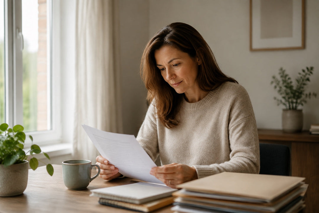 A woman in her 40s reading a printed document at a wooden home desk in soft morning light, illustrating a UK guide to the FSA and MHRA status of NMN.