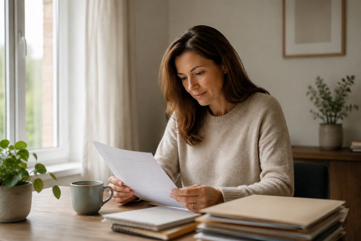 A woman in her 40s reading a printed document at a wooden home desk in soft morning light, illustrating a UK guide to the FSA and MHRA status of NMN.