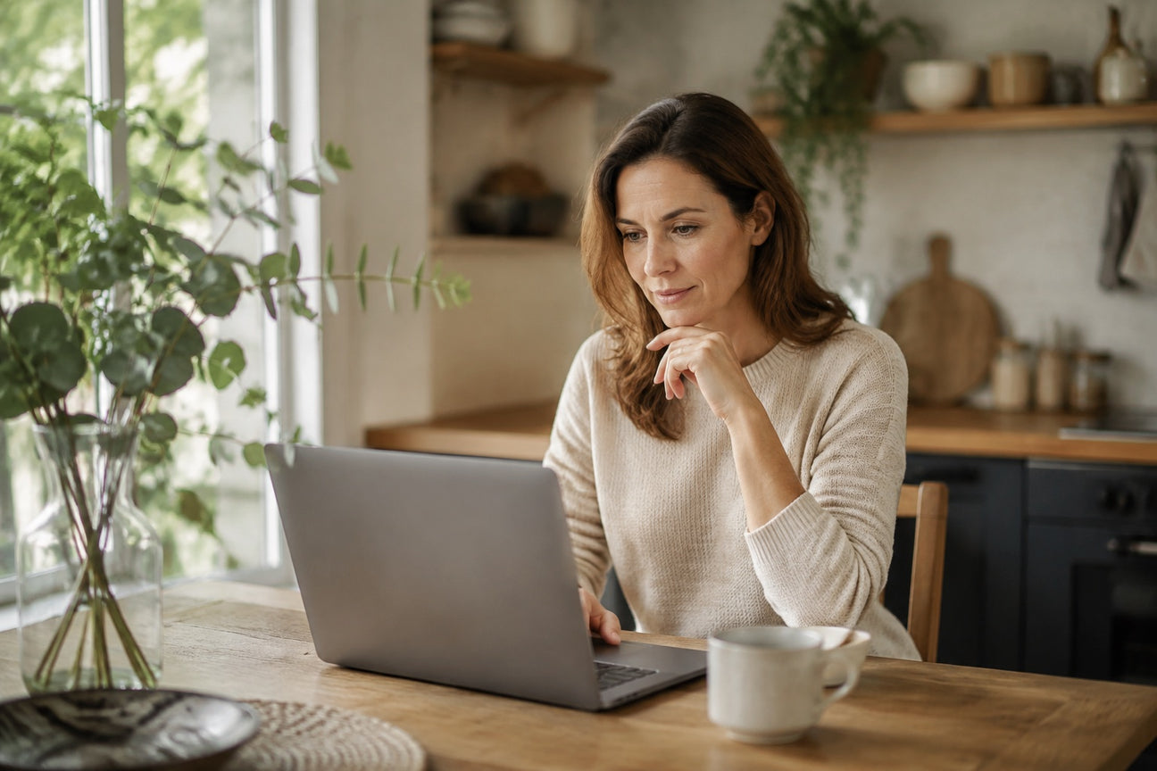 A woman in her mid-30s working thoughtfully at a wooden kitchen table with a cup of tea in soft UK morning light, illustrating a UK guide to Lion's Mane mushroom for focus and everyday brain support.