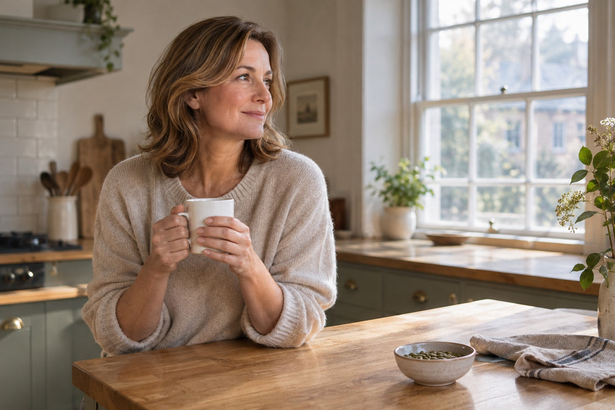 A woman in her mid-40s stands at a UK kitchen island in the early morning with a plain white mug of tea, illustrating a UK 2026 guide to magnesium citrate benefits