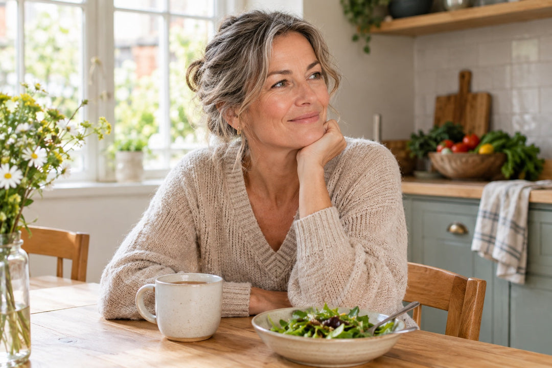 British woman in her early 50s at a warm oak kitchen table with tea and leafy greens in soft morning light, illustrating a UK guide to magnesium citrate side effects