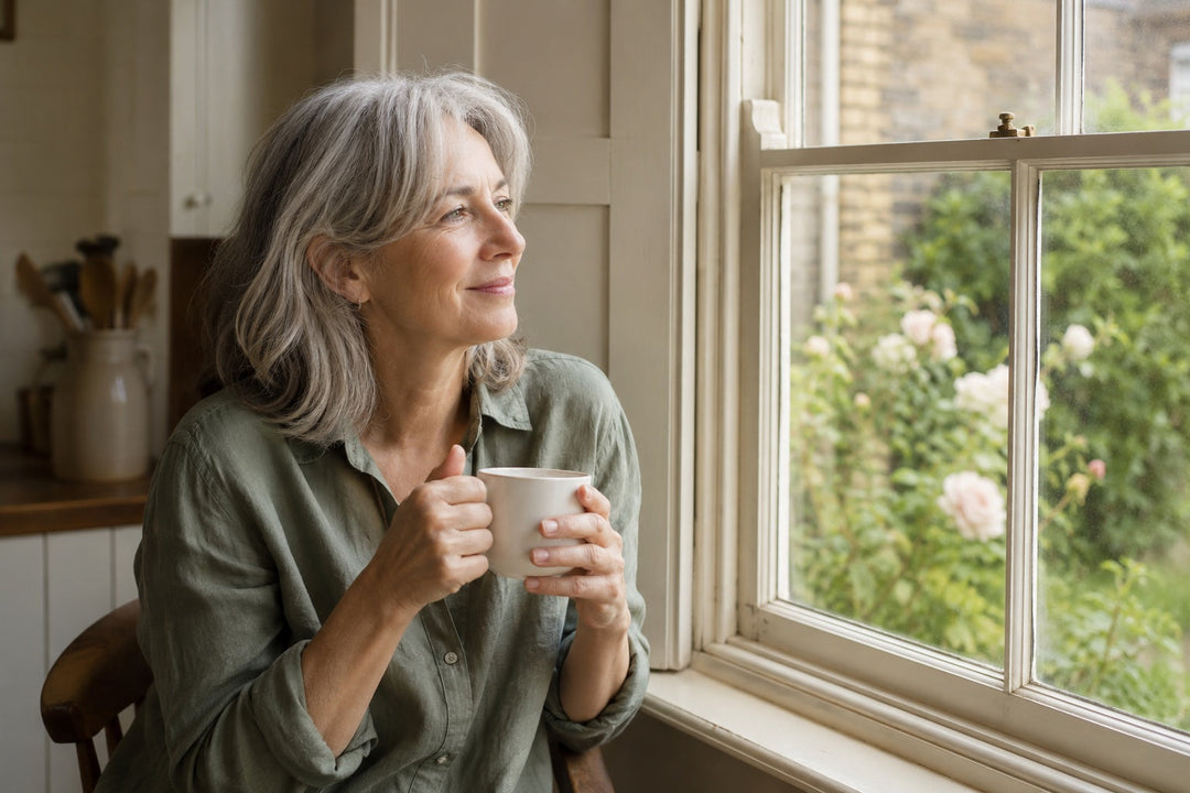 A woman in her early fifties by a sunlit sash window in a Victorian kitchen holding a mug of tea, illustrating a UK guide to menopause supplements