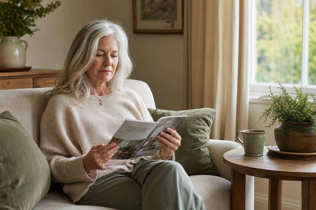 A silver-haired British woman reads a health magazine in a warm living room, illustrating a UK buyer's guide to NMN at Holland & Barrett and Boots.