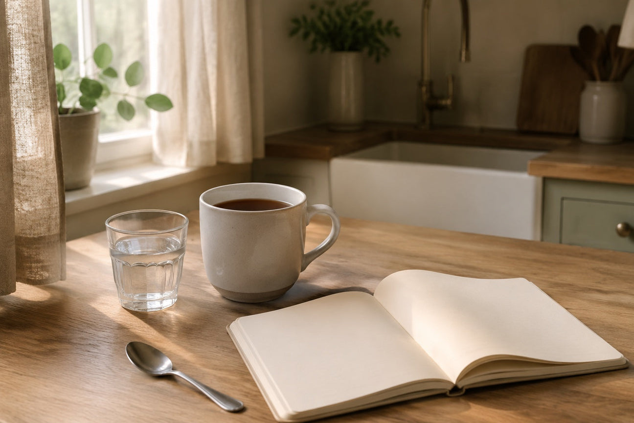 A quiet British kitchen scene with a mug of tea and a glass of water at morning light, illustrating a UK guide to NMN side effects.