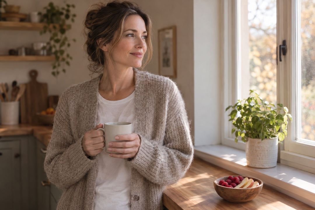 A woman in her mid-40s stands at a bright UK kitchen counter with a mug of herbal tea and a bowl of fresh berries, soft autumn light coming through the window, illustrating a UK guide to perimenopause weight gain supplements.