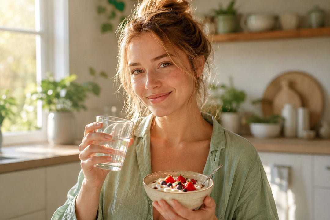 A woman enjoying a bright, calm breakfast of berries and yoghurt in a sunlit British kitchen, reflecting a daily gut-health routine for a probiotic buyer's guide.