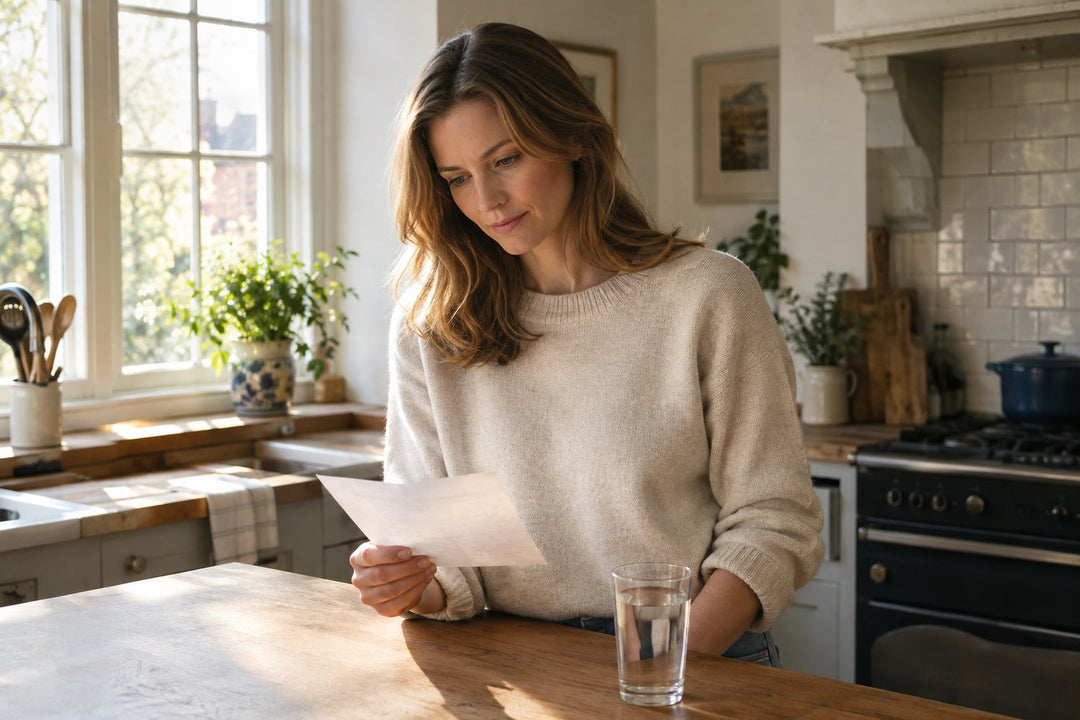 British kitchen scene, woman reading calmly by a window with morning light, illustrating a UK guide to pure shilajit compliance.