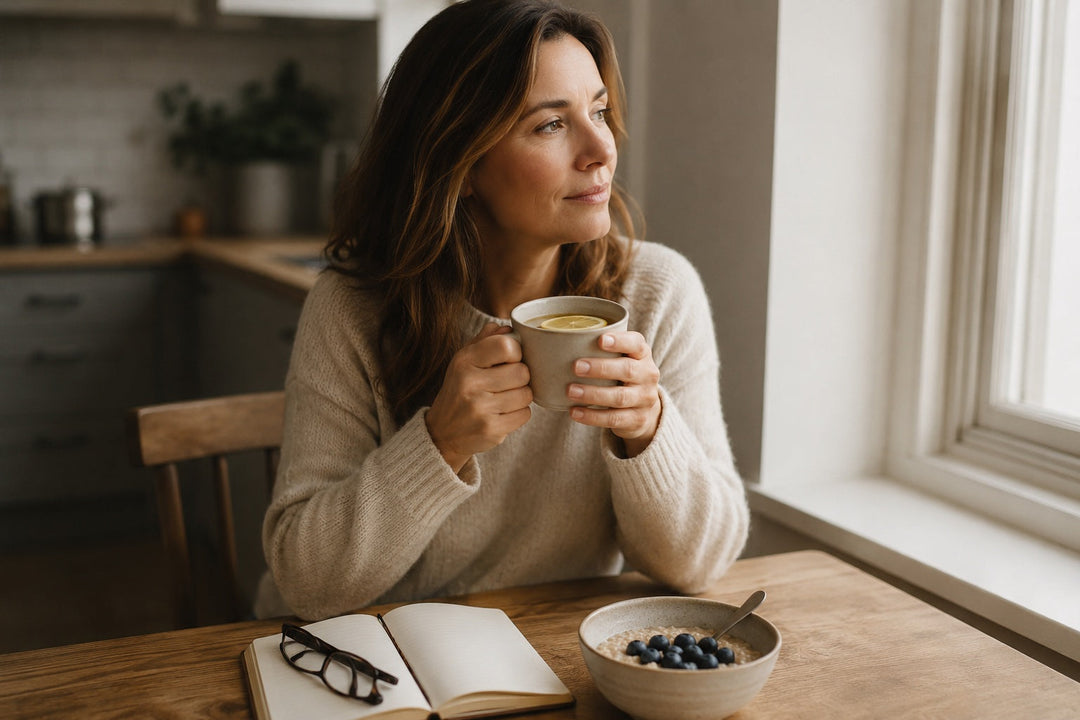 A woman in her forties sits at a wooden kitchen table by a window in soft morning light, cradling a mug of hot water and looking calmly at a small notebook, illustrating a UK evidence guide to shilajit dosage.