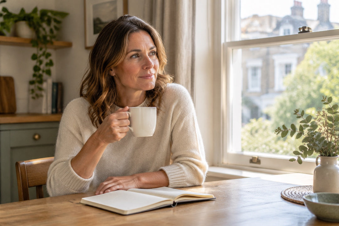 A calm woman in her late 40s sits at a natural oak kitchen table with a plain white mug of tea, illustrating a UK guide to shilajit side effects and safety.