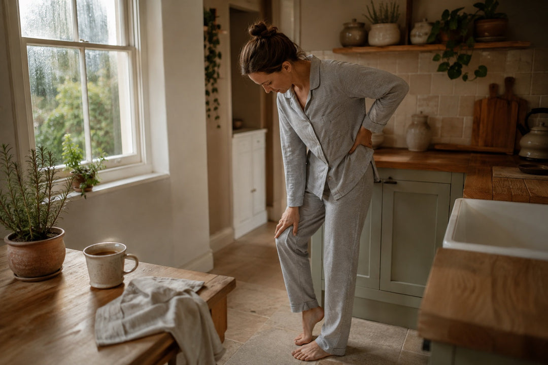 A woman standing barefoot in a warm early-morning UK kitchen, massaging a leg cramp before starting her day, illustrating a UK guide to the signs of magnesium deficiency.