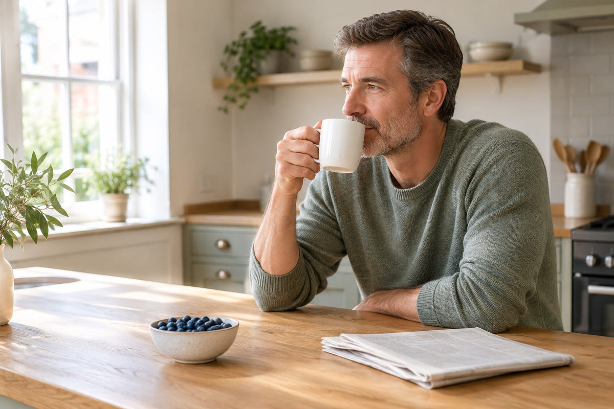 A calm British man in his early 50s at a bright kitchen island sipping morning tea, illustrating a UK 2026 guide to whether David Sinclair still takes NMN.