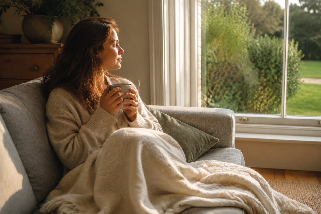 Woman wrapped in a cream blanket cradling a warm mug by a sash window in soft UK morning light, illustrating a calm approach to anxiety supplements