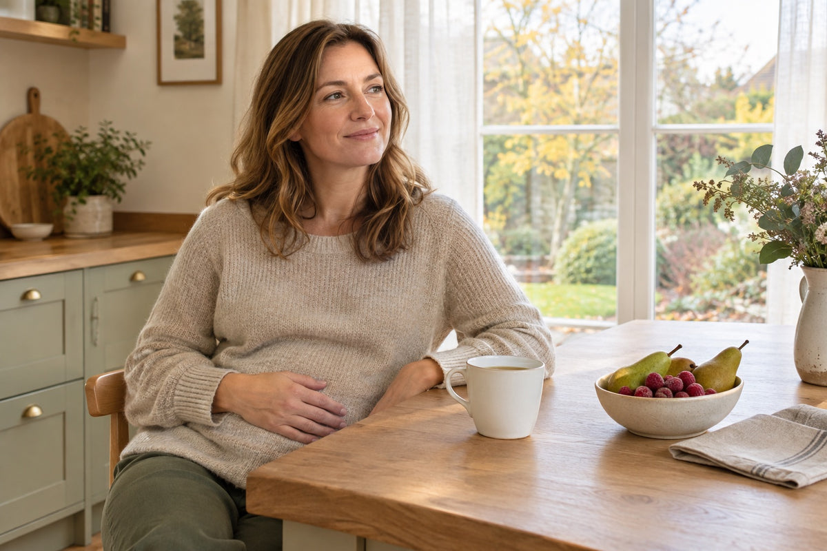 A British woman sits calmly at a bright oak kitchen island with herbal tea and a bowl of pears and raspberries in soft morning light, illustrating a 2026 UK guide to matching supplements to the cause of bloating.