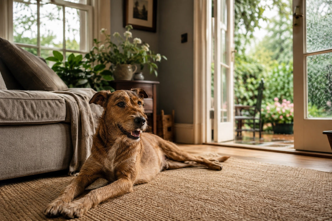 A relaxed brown lurcher stretched on a wool rug beside a linen sofa in a British sitting room, illustrating a UK guide to supplements for itchy dog skin