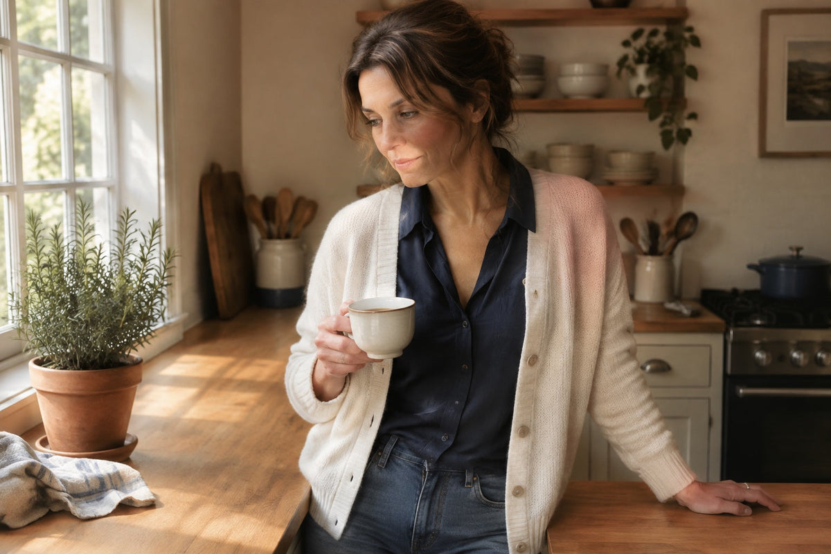 British woman in her late 40s cradling a cup of tea in a warm morning-lit kitchen, illustrating a UK guide to turmeric dosage and how much curcumin per day.