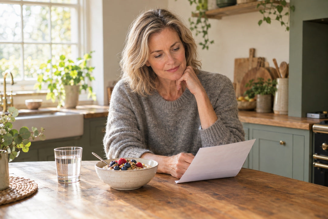 A calm woman in her mid-fifties reads at a warm British kitchen island with morning porridge and a glass of water, illustrating a UK evidence guide to turmeric for cholesterol.
